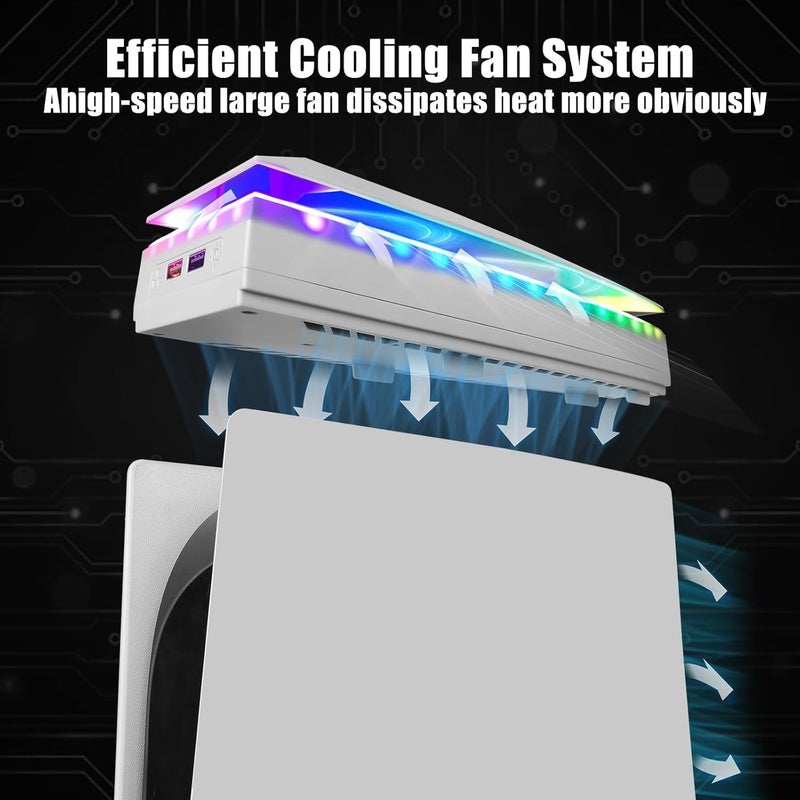 Raryars Console Cooling Fan with Dust Cover Colorful LED Light for PS5 Console Disc Edition & Digital Edition Silent Absorb Fan Cooler with 2 USB Port PlayStation 5 Cooling System - Image 2